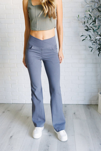 Building Habits Twill Flared Crossover Waist Pant in Titanium - Driftwood Boutique