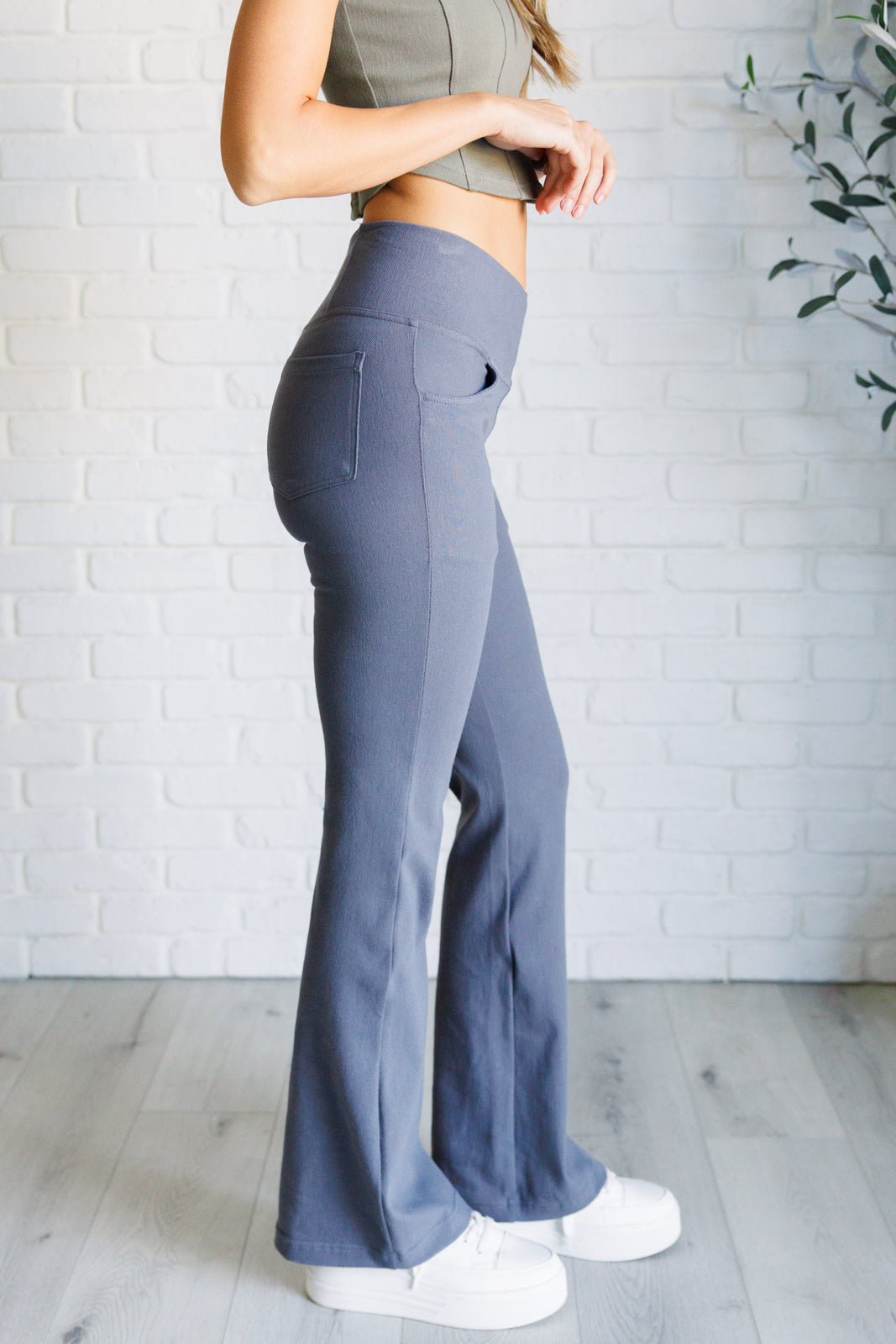 Building Habits Twill Flared Crossover Waist Pant in Titanium - Driftwood Boutique