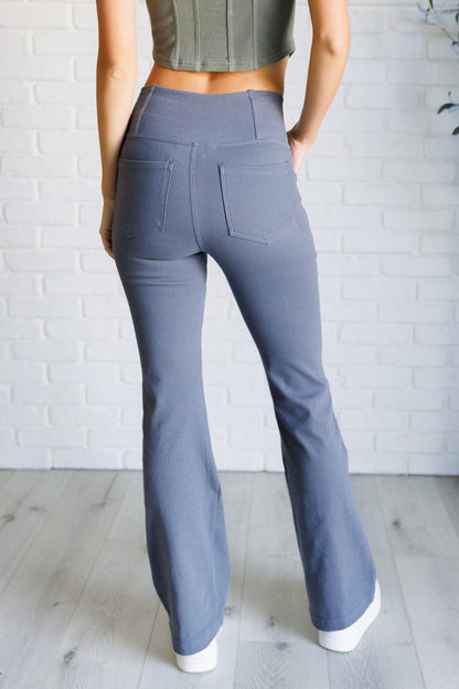 Building Habits Twill Flared Crossover Waist Pant in Titanium - Driftwood Boutique