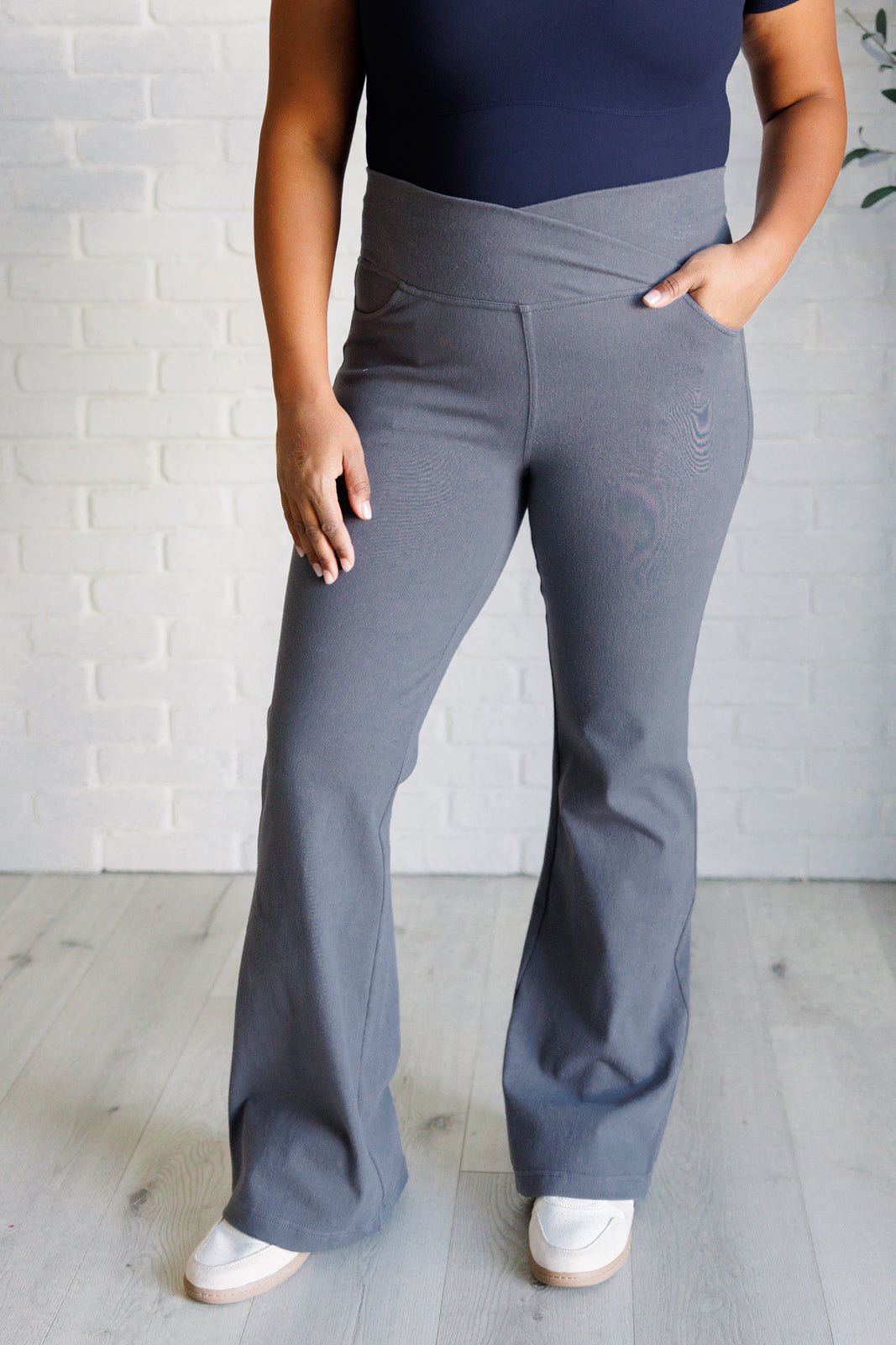 Building Habits Twill Flared Crossover Waist Pant in Titanium - Driftwood Boutique