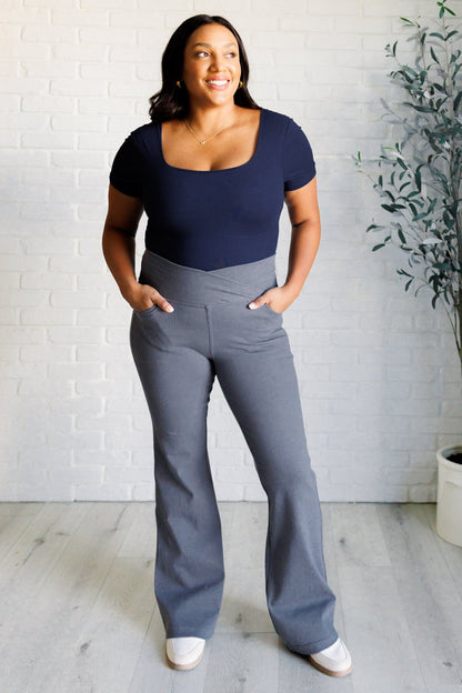 Building Habits Twill Flared Crossover Waist Pant in Titanium - Driftwood Boutique