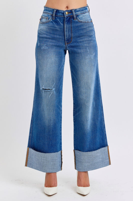 Desi High Rise Distressed Retro Wide Leg Jeans