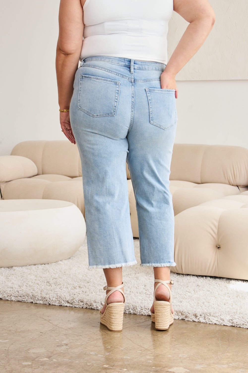 Caiti Tummy Control High Waist Raw Hem Distressed Jeans - Driftwood Boutique