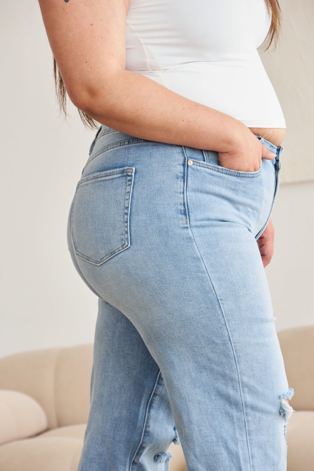 Caiti Tummy Control High Waist Raw Hem Distressed Jeans - Driftwood Boutique