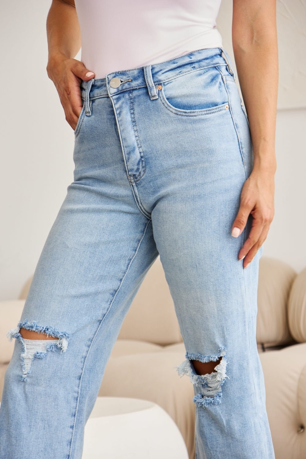 Caiti Tummy Control High Waist Raw Hem Distressed Jeans - Driftwood Boutique
