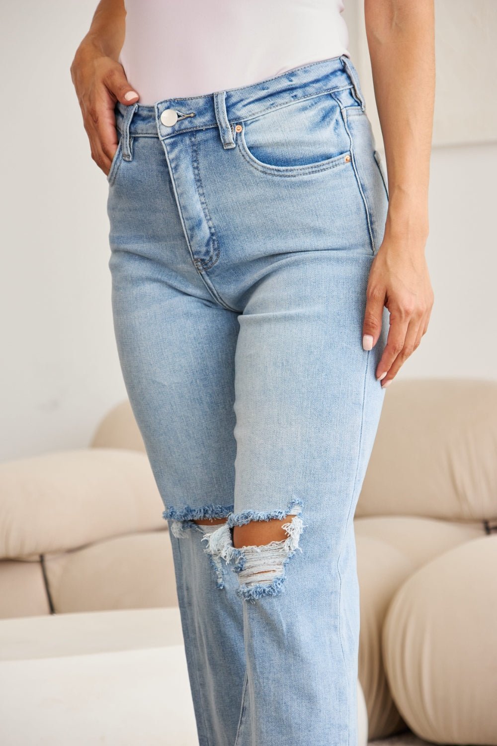 Caiti Tummy Control High Waist Raw Hem Distressed Jeans - Driftwood Boutique