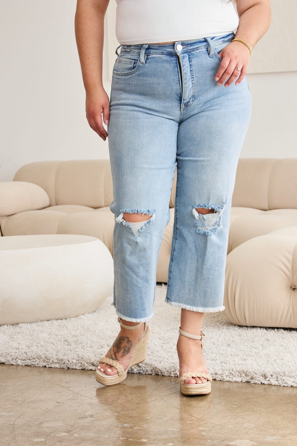 Caiti Tummy Control High Waist Raw Hem Distressed Jeans - Driftwood Boutique