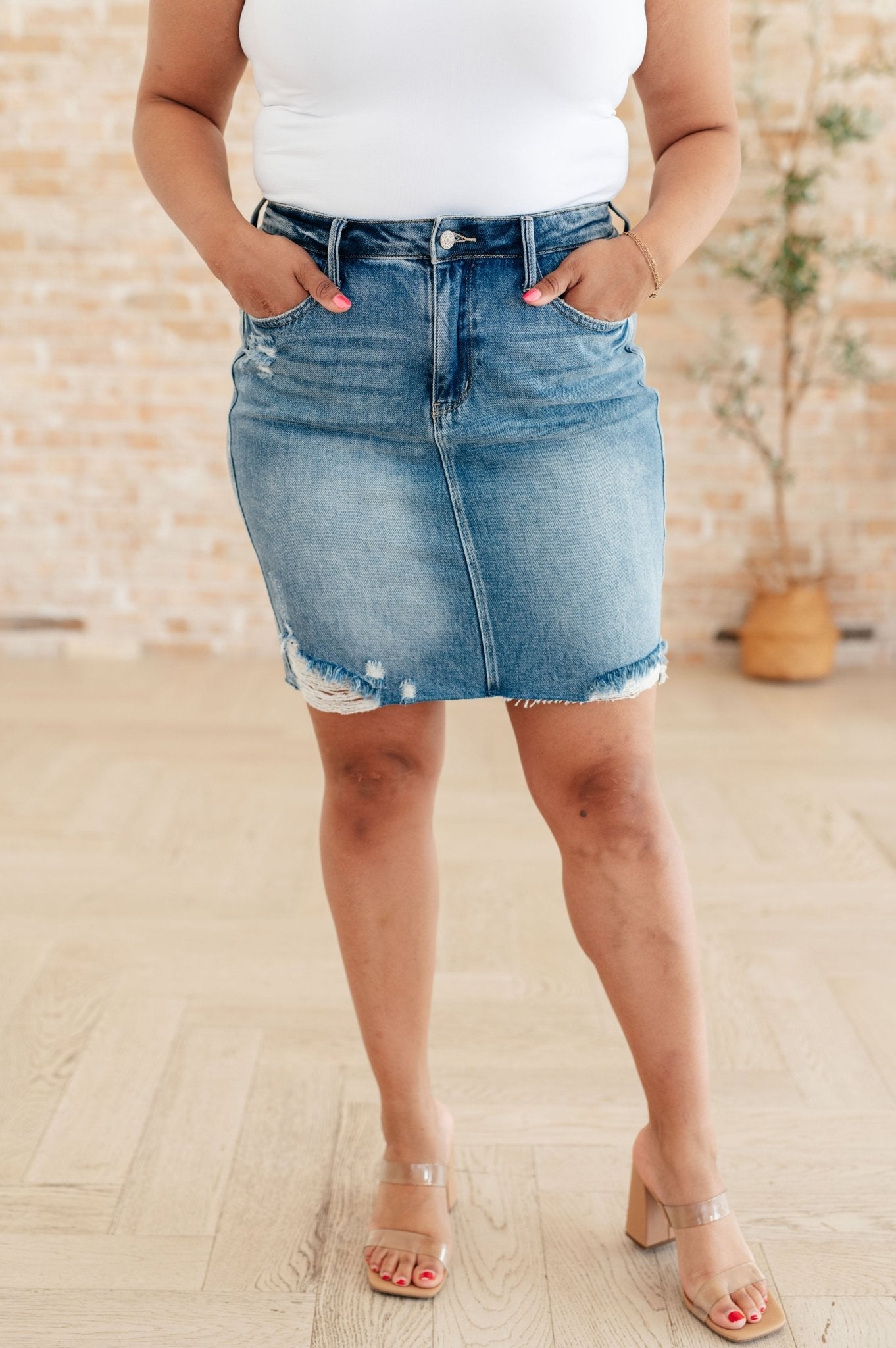 Carol High Rise Rigid Magic Denim Skirt - Driftwood Boutique