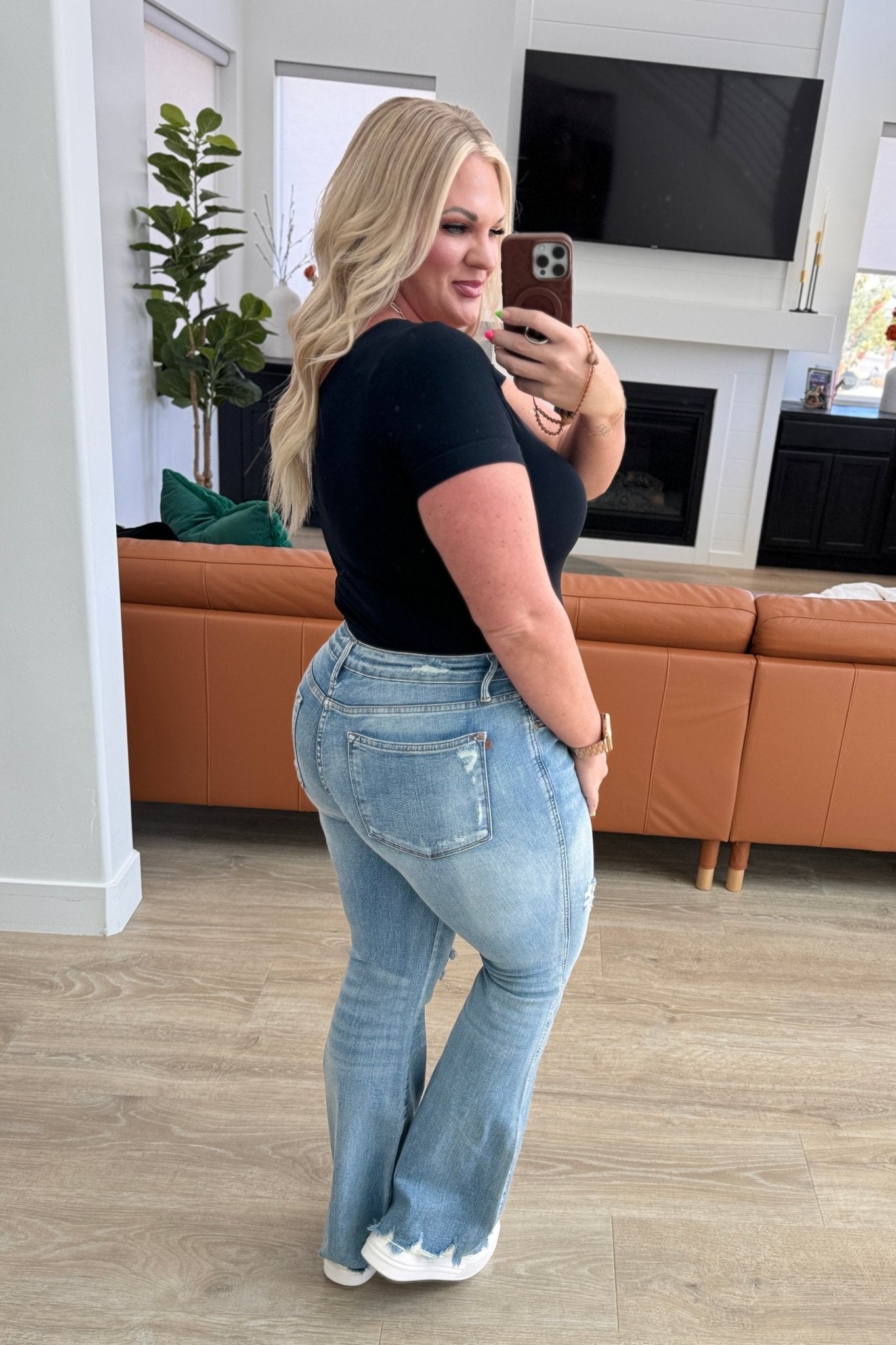 Caroline Mid Rise Control Top Distressed Flare Jeans - Driftwood Boutique