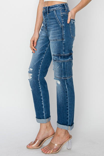 Erin High Rise Straight Leg Cuffed Cargo Jeans