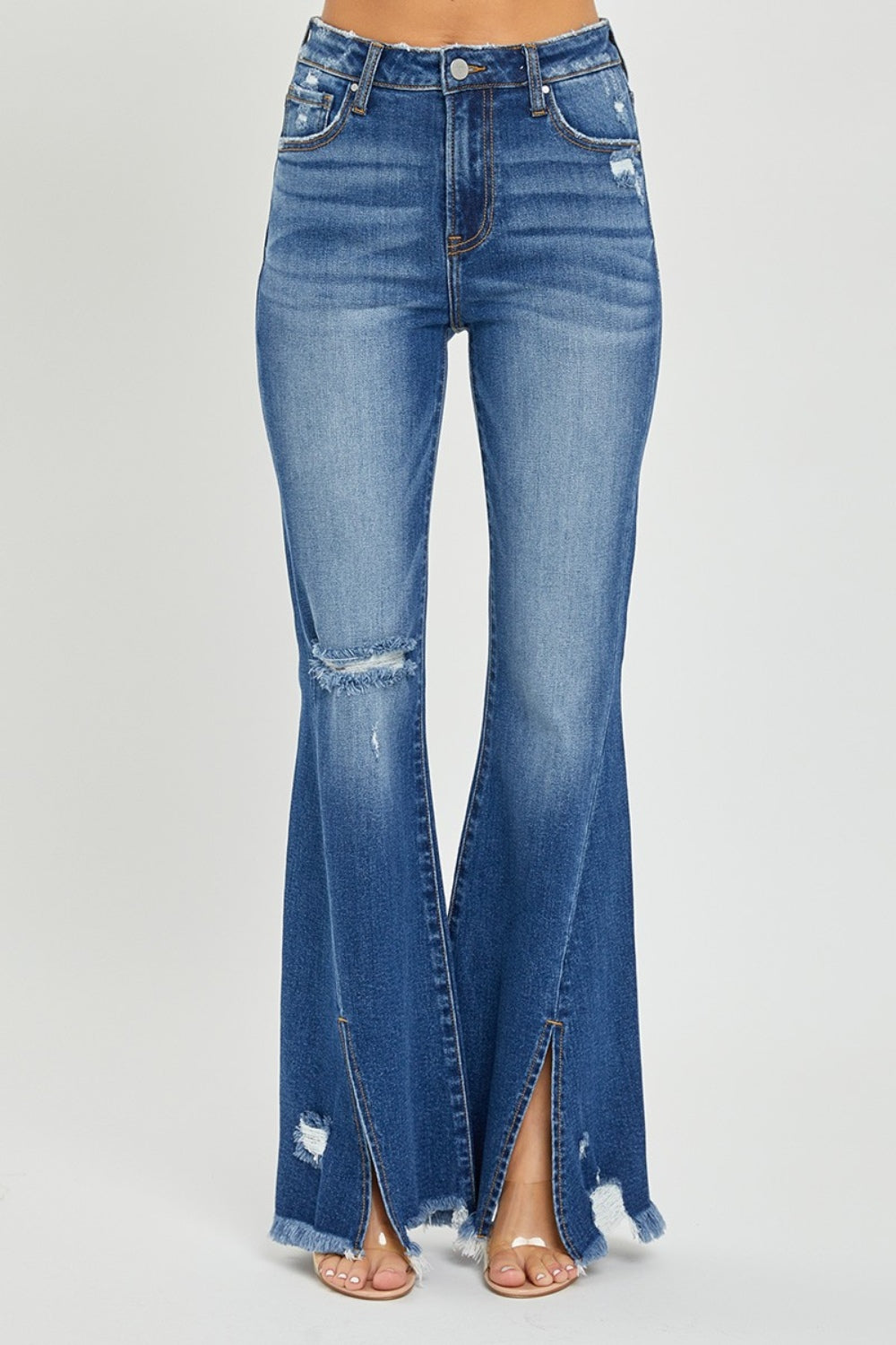 Matty High Rise Front Slit Frayed Hem Flare Jeans