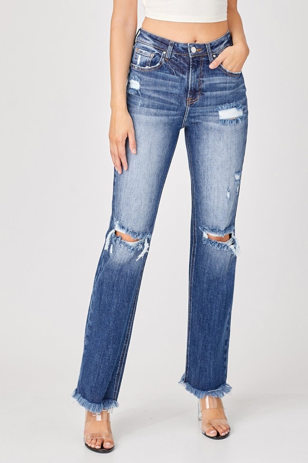 Cecilia High Rise Raw Hem Distressed Straight Jeans - Driftwood Boutique