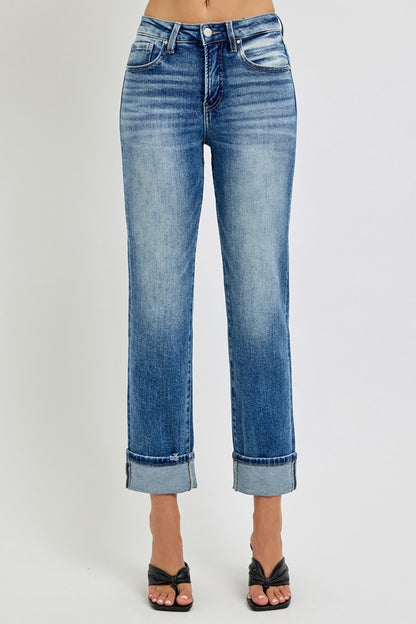 Sable High Rise Crop Straight Rolled Hem Jeans