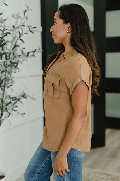 Cloud Nine to Five Button Down Blouse in Deep Camel - Driftwood Boutique