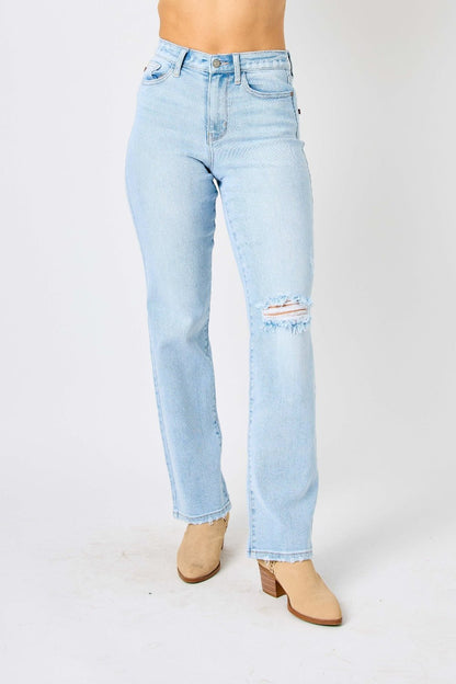 Colton High Rise Cheeky Distressed Straight Jean - Driftwood Boutique