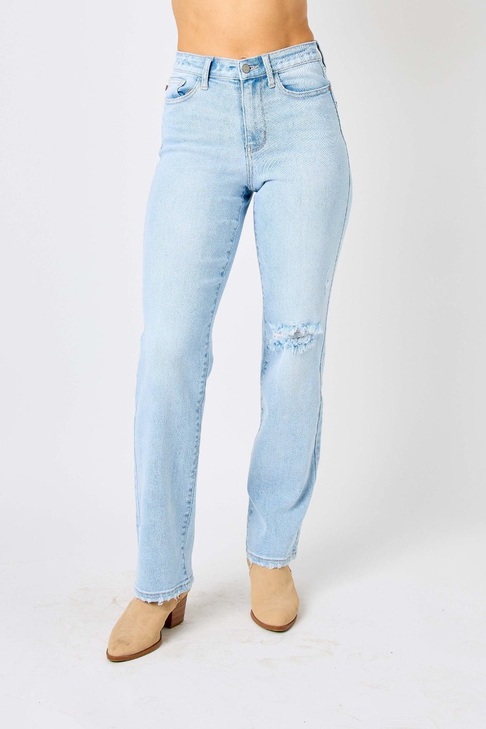 Colton High Rise Cheeky Distressed Straight Jean - Driftwood Boutique