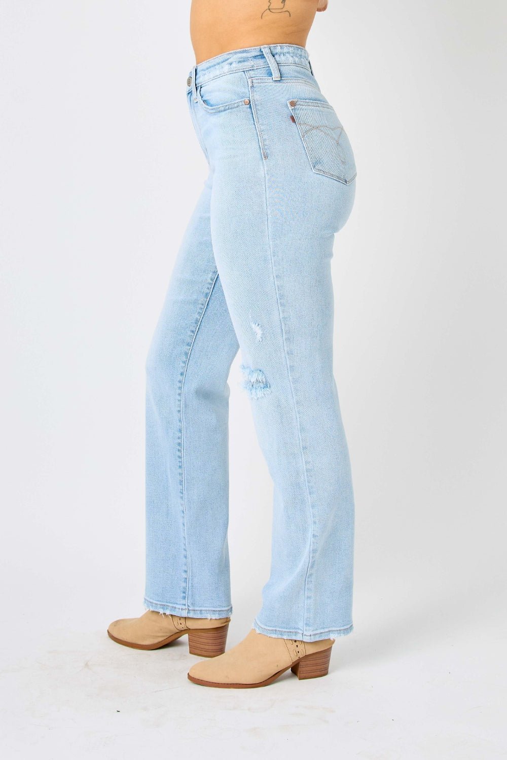 Colton High Rise Cheeky Distressed Straight Jean - Driftwood Boutique