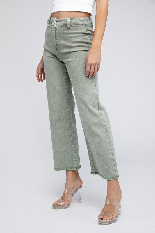 Zenana Acid Wash High Rise Frayed Hem Wide Leg Jeans