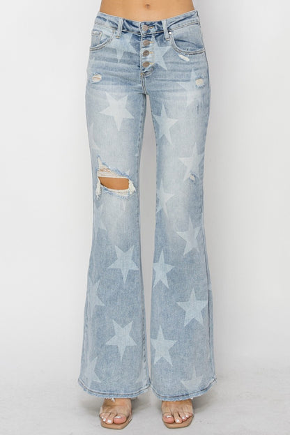 All Star Mid-Rise Button Fly Flare Jeans