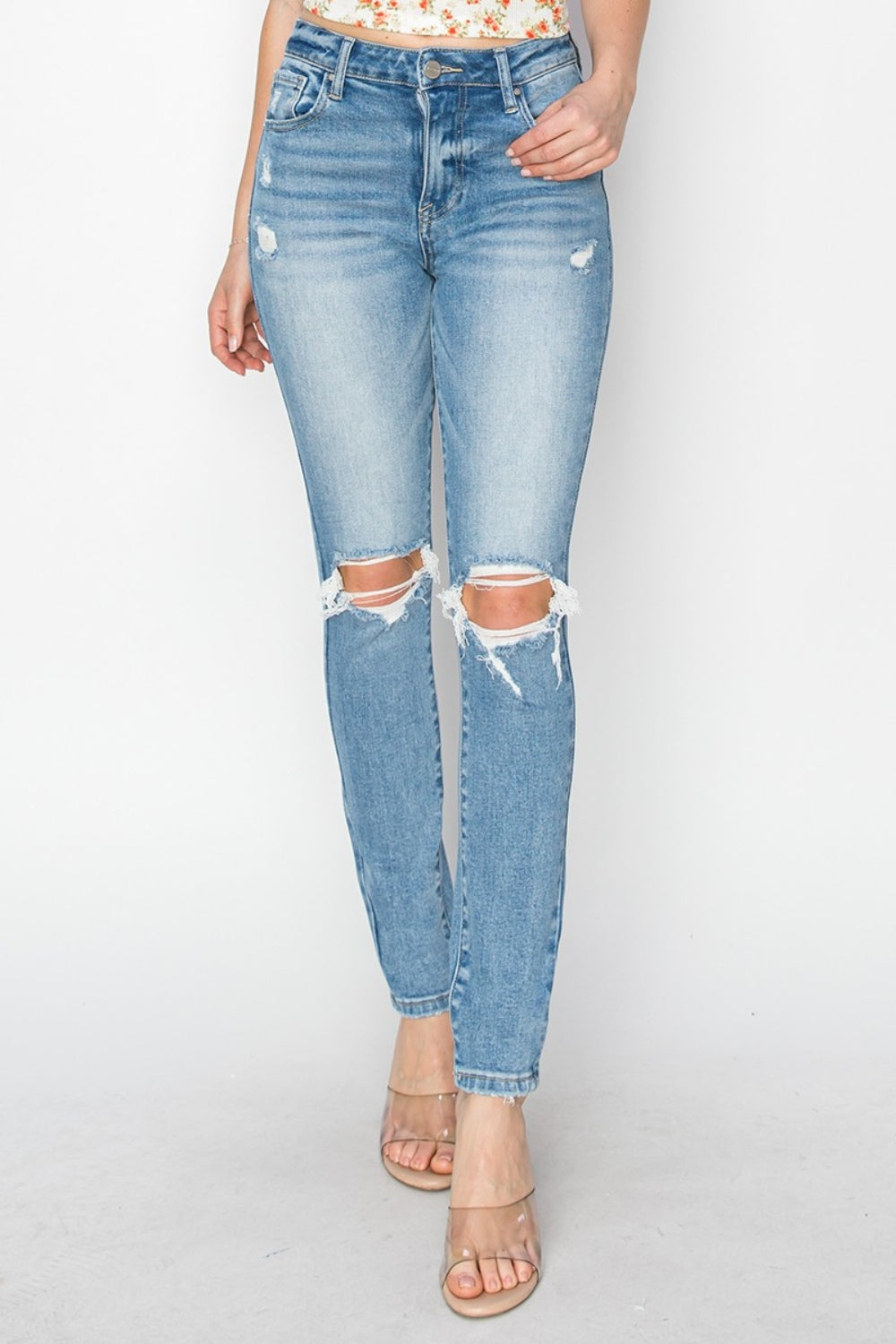 Heather High Rise Distressed Knee Skinny Jeans