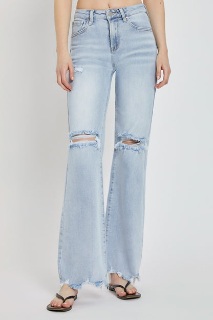 Marty High Rise Distressed Chewed Hem Wide Leg Jeans