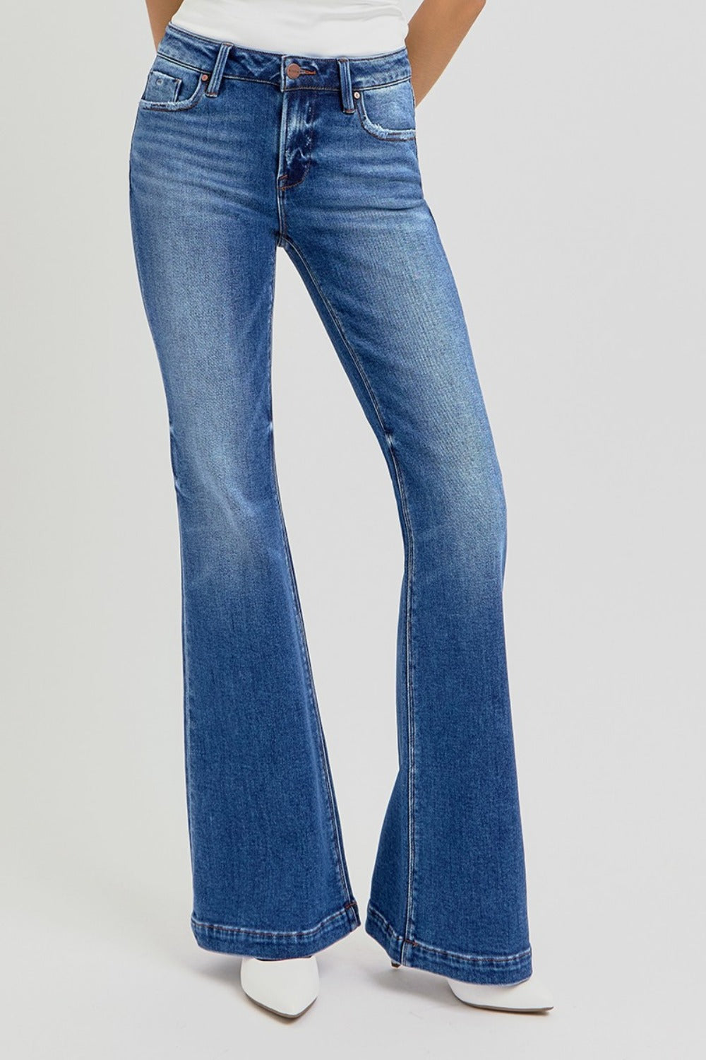 Megs Low Rise Whisker Wash Flare Jeans