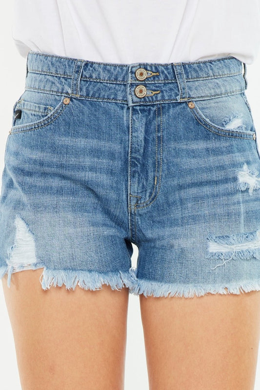 Davie High Rise Double Button Raw Hem Denim Shorts - Driftwood Boutique