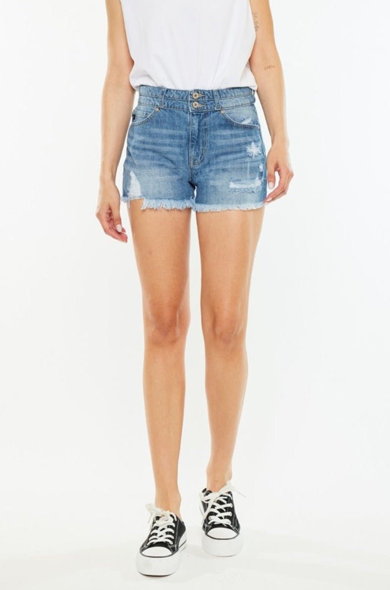 Davie High Rise Double Button Raw Hem Denim Shorts - Driftwood Boutique
