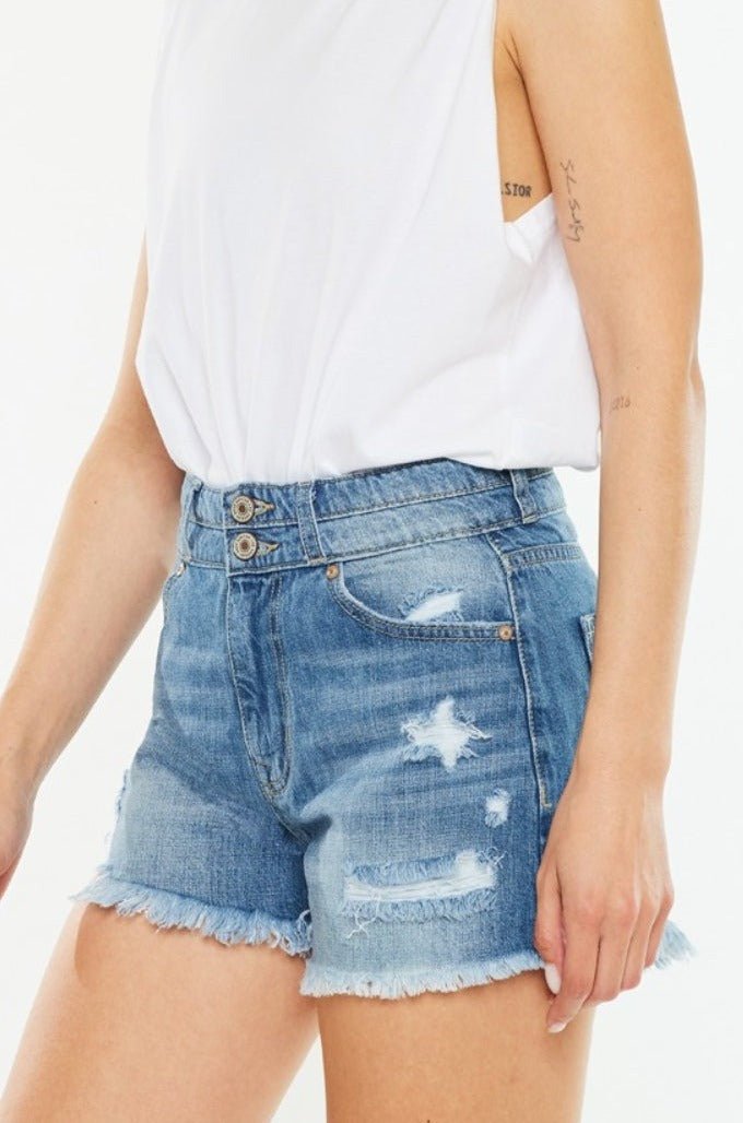 Davie High Rise Double Button Raw Hem Denim Shorts - Driftwood Boutique