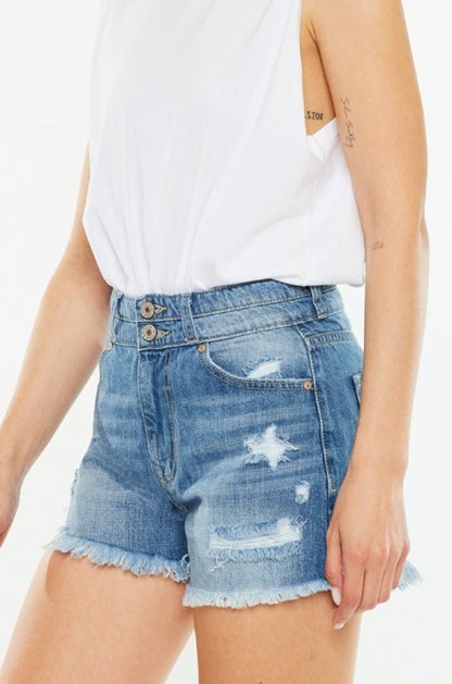 Davie High Rise Double Button Raw Hem Denim Shorts - Driftwood Boutique