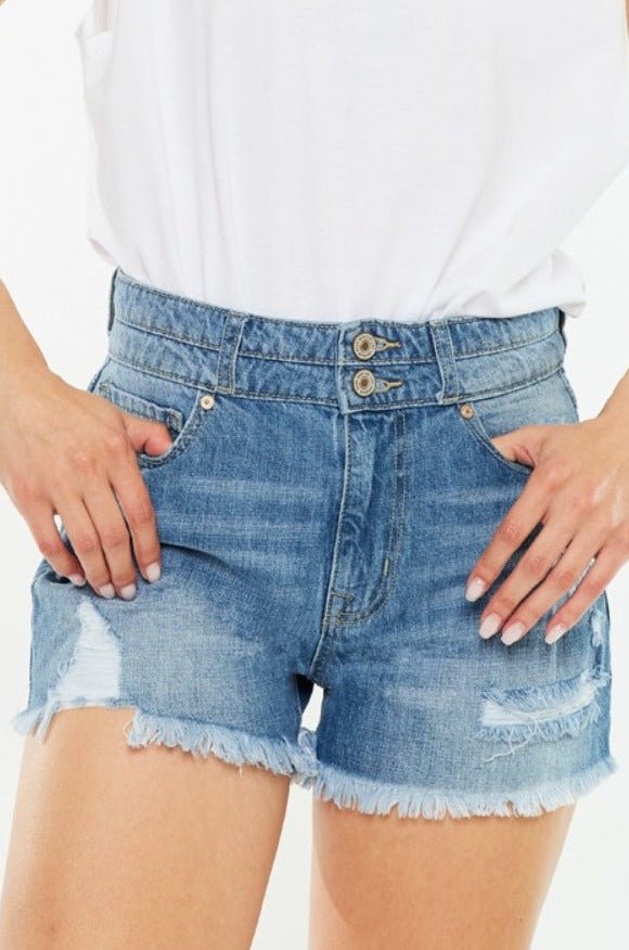 Davie High Rise Double Button Raw Hem Denim Shorts - Driftwood Boutique