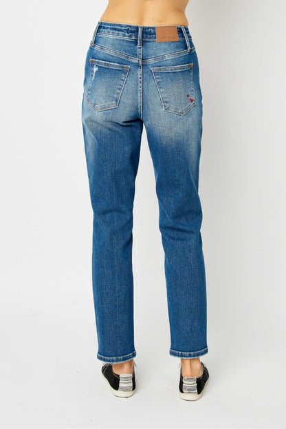 Queen of Hearts Mid Rise Distressed Slim Jeans