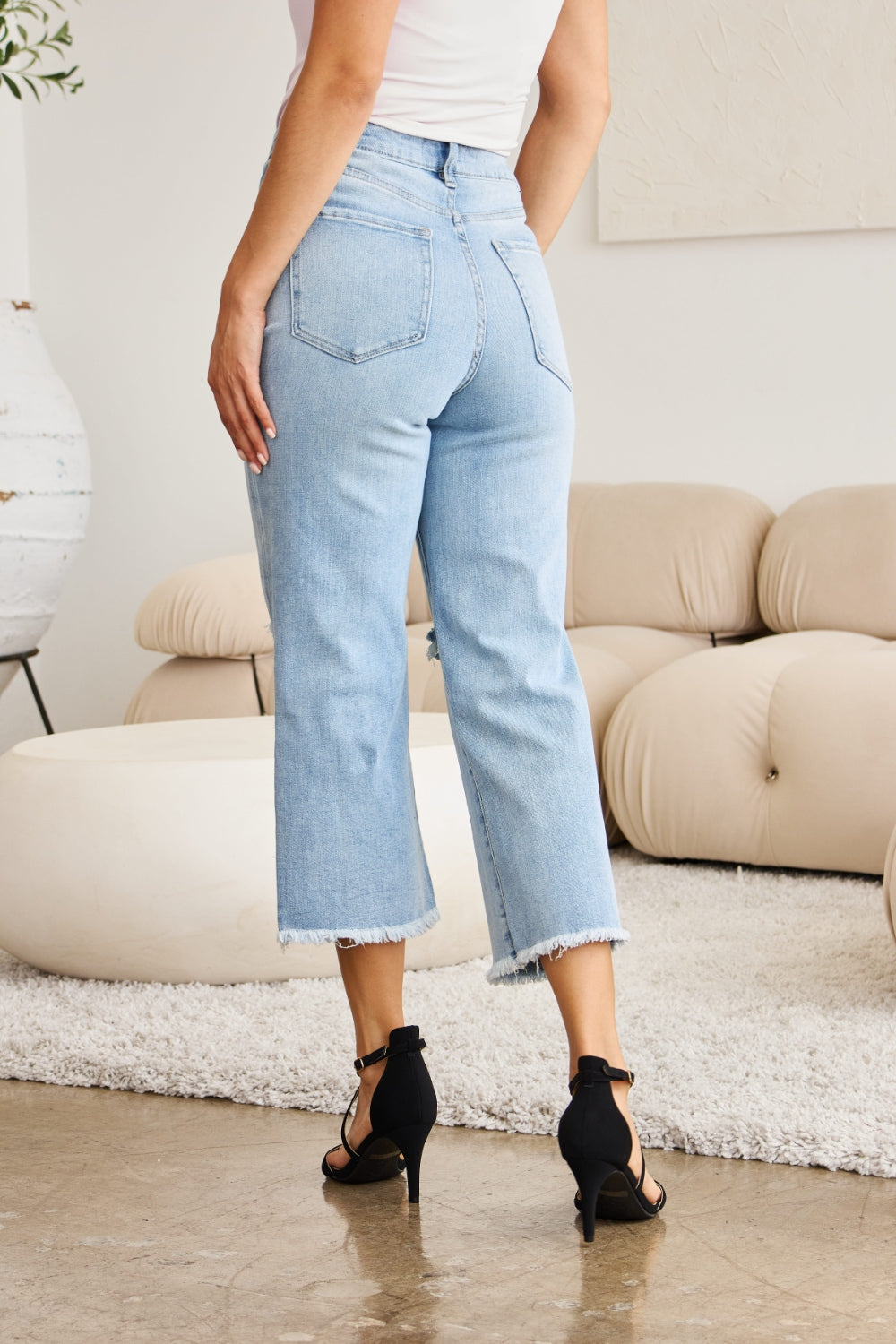 Caiti Tummy Control High Waist Raw Hem Distressed Jeans