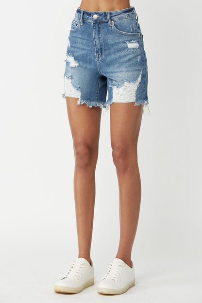 Celia High Rise Distressed Denim Shorts