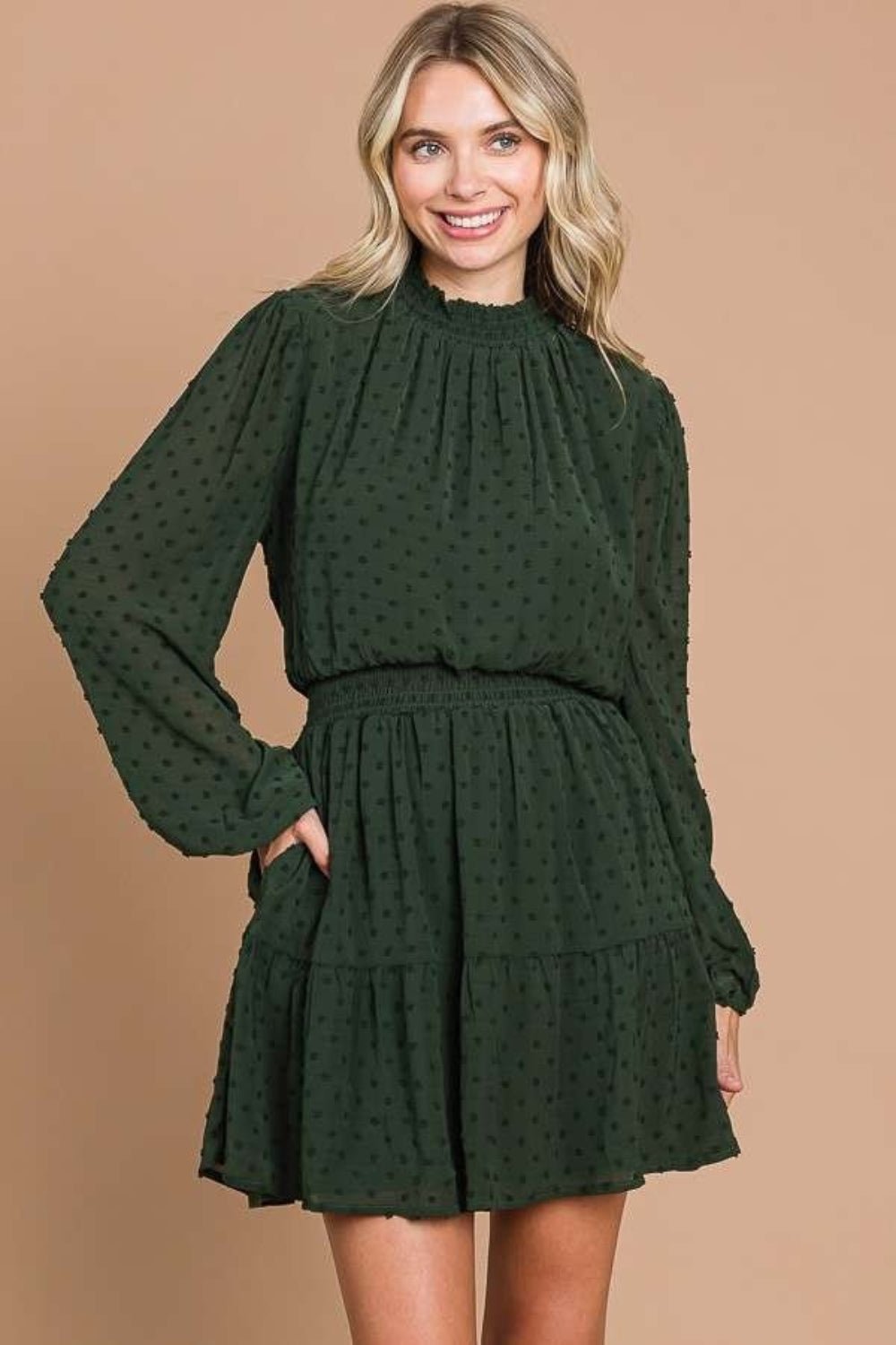 Don't Fall For It Swiss Dot Smock Neck Mini Dress with Pockets - Driftwood Boutique