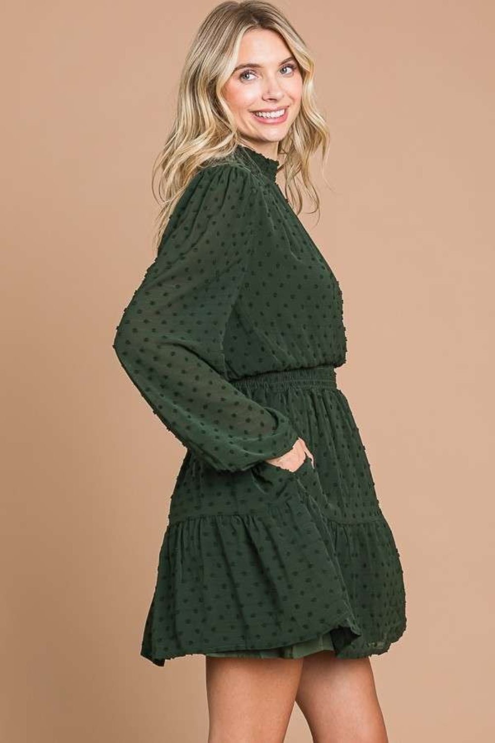 Don't Fall For It Swiss Dot Smock Neck Mini Dress with Pockets - Driftwood Boutique