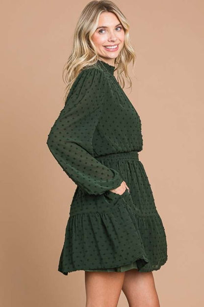 Don't Fall For It Swiss Dot Smock Neck Mini Dress with Pockets - Driftwood Boutique