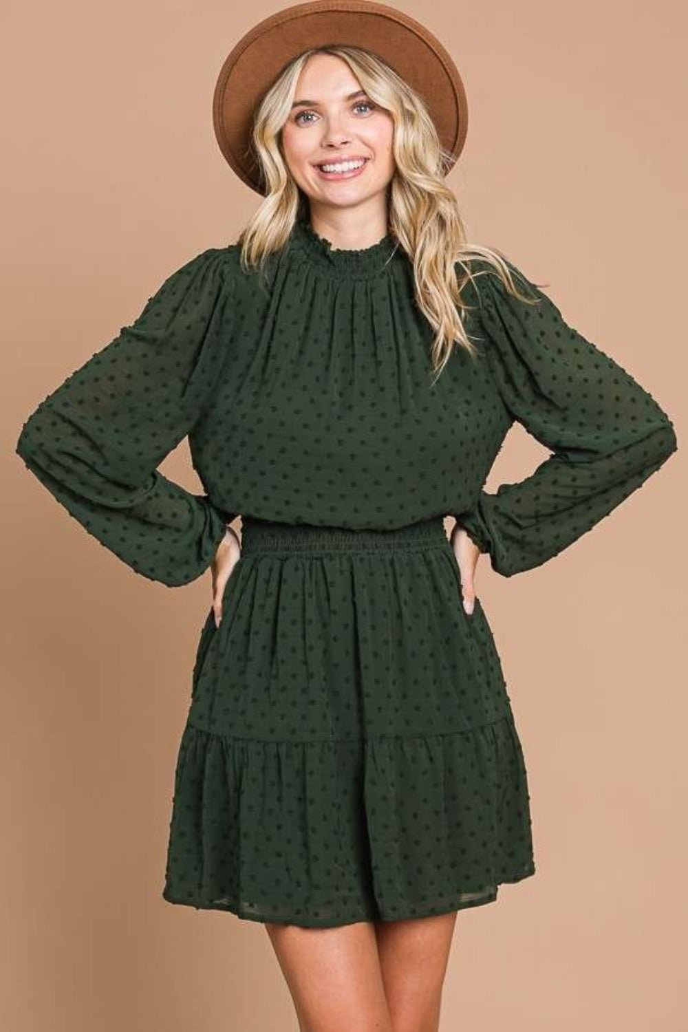 Don't Fall For It Swiss Dot Smock Neck Mini Dress with Pockets - Driftwood Boutique