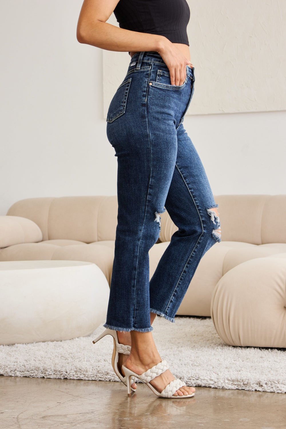 Dylan Tummy Control Distressed High Waist Raw Hem Jeans - Driftwood Boutique