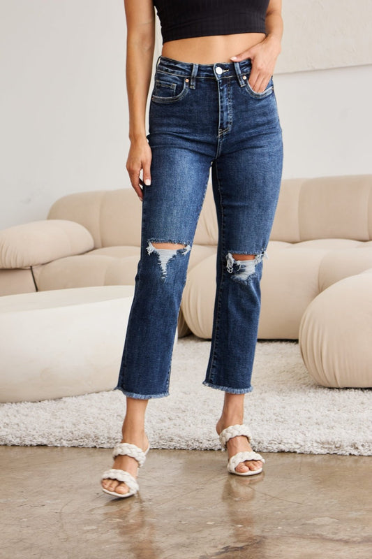 Dylan Tummy Control Distressed High Waist Raw Hem Jeans - Driftwood Boutique