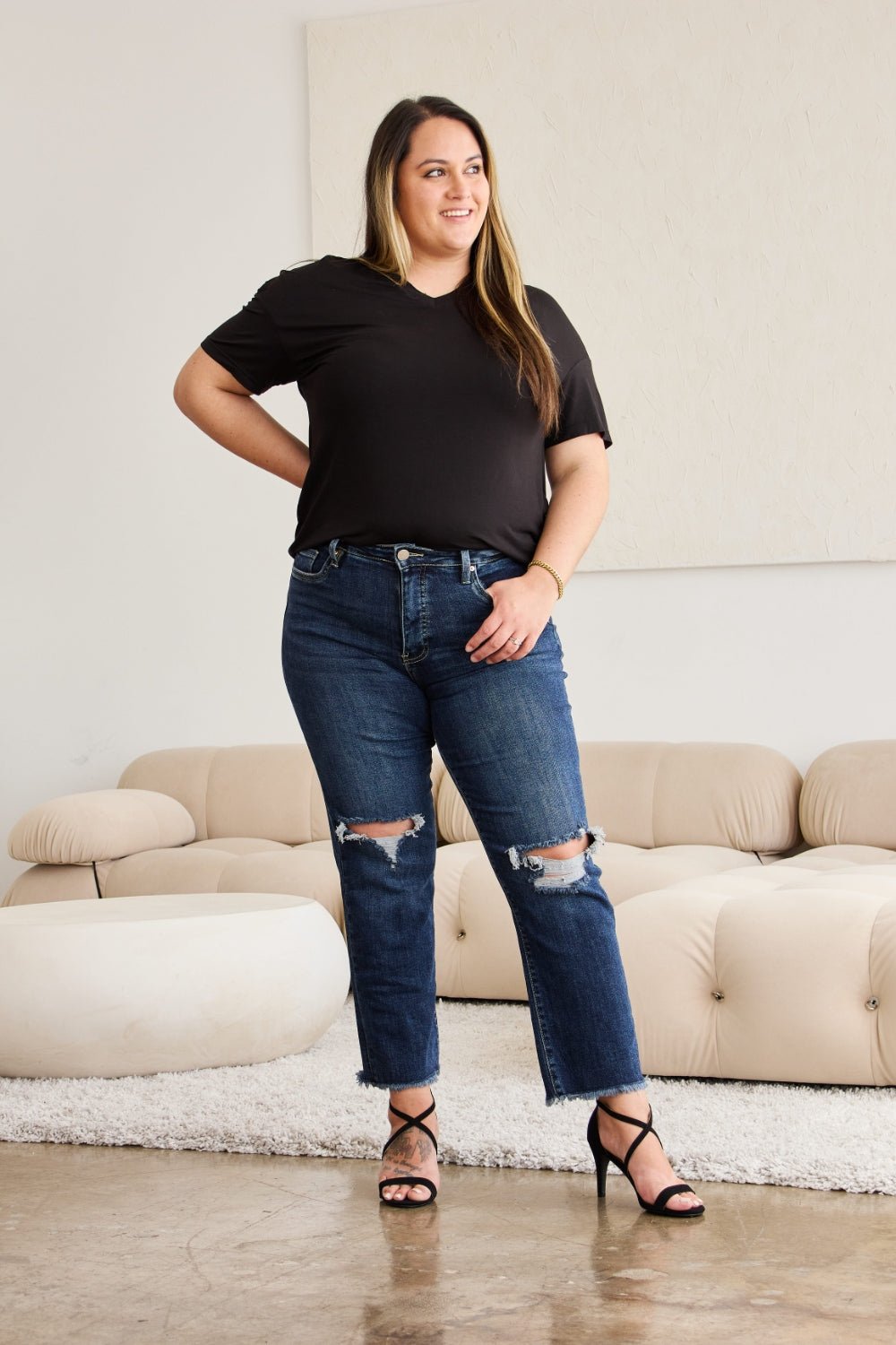 Dylan Tummy Control Distressed High Waist Raw Hem Jeans - Driftwood Boutique