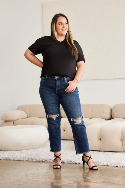 Dylan Tummy Control Distressed High Waist Raw Hem Jeans - Driftwood Boutique