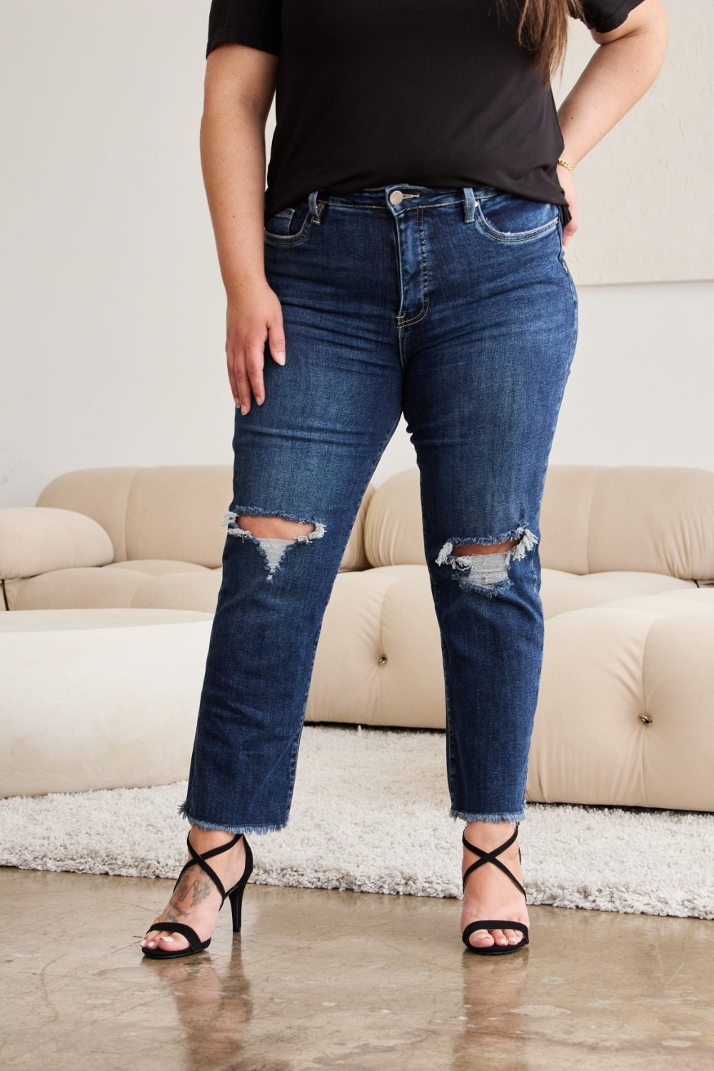 Dylan Tummy Control Distressed High Waist Raw Hem Jeans - Driftwood Boutique