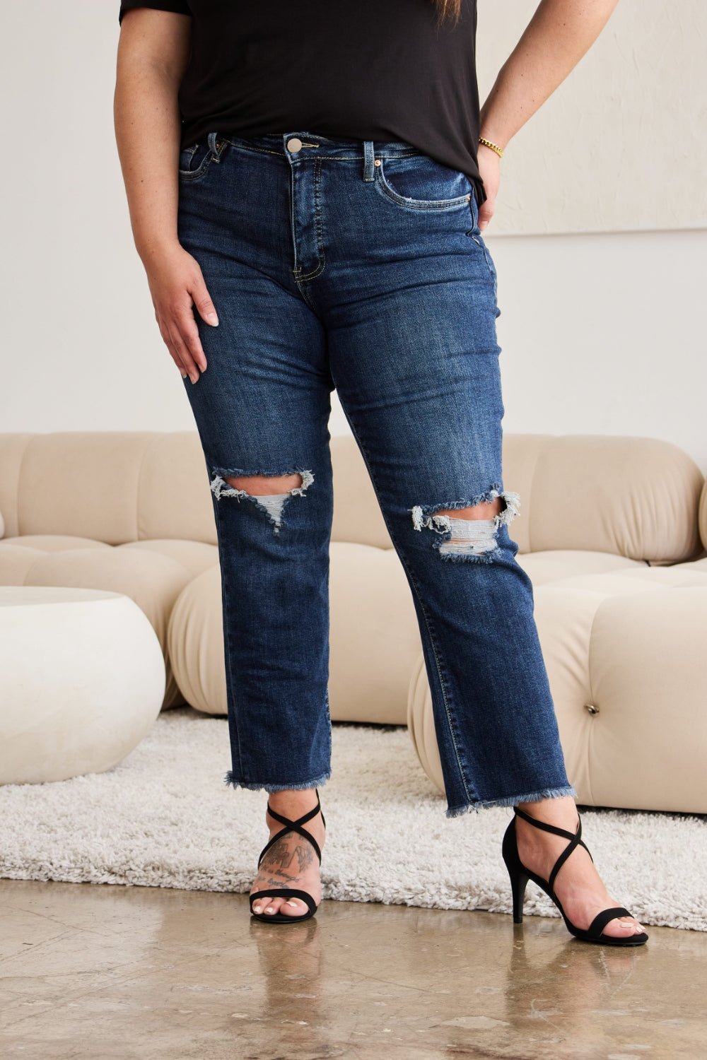 Dylan Tummy Control Distressed High Waist Raw Hem Jeans - Driftwood Boutique