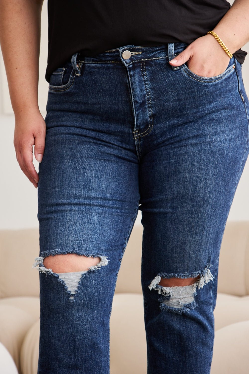 Dylan Tummy Control Distressed High Waist Raw Hem Jeans - Driftwood Boutique