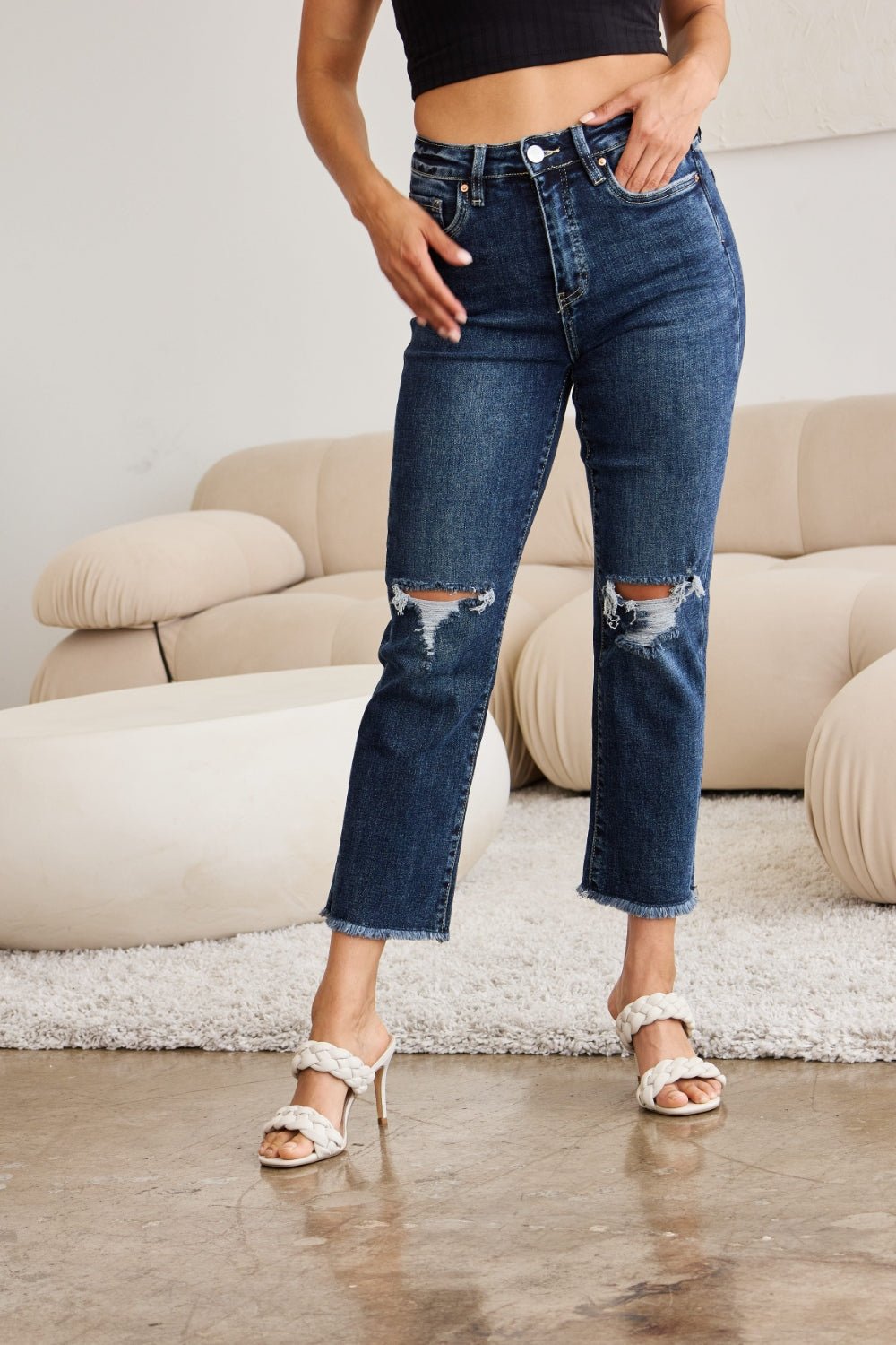 Dylan Tummy Control Distressed High Waist Raw Hem Jeans - Driftwood Boutique