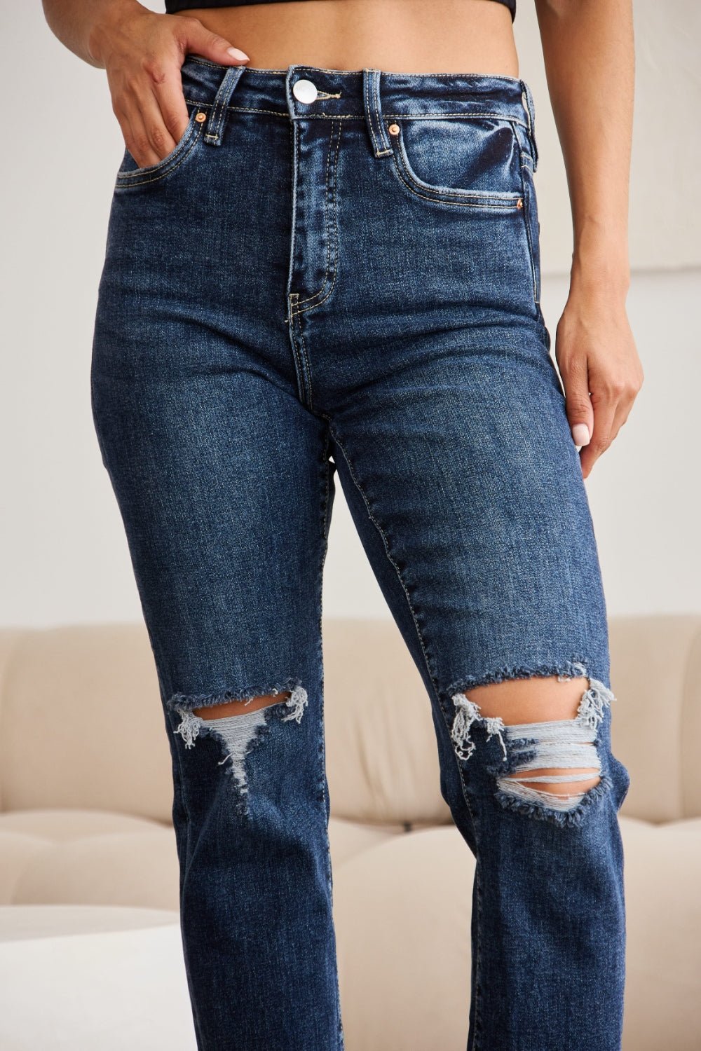 Dylan Tummy Control Distressed High Waist Raw Hem Jeans - Driftwood Boutique
