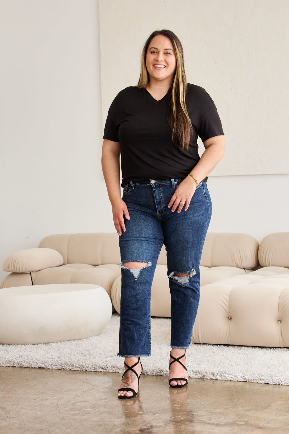 Dylan Tummy Control Distressed High Waist Raw Hem Jeans - Driftwood Boutique