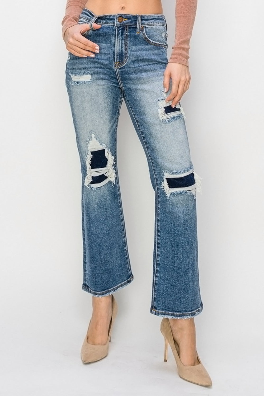 Krista High Rise Distressed Contrast Patch Kick Flare Jeans