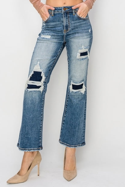 Krista High Rise Distressed Contrast Patch Kick Flare Jeans